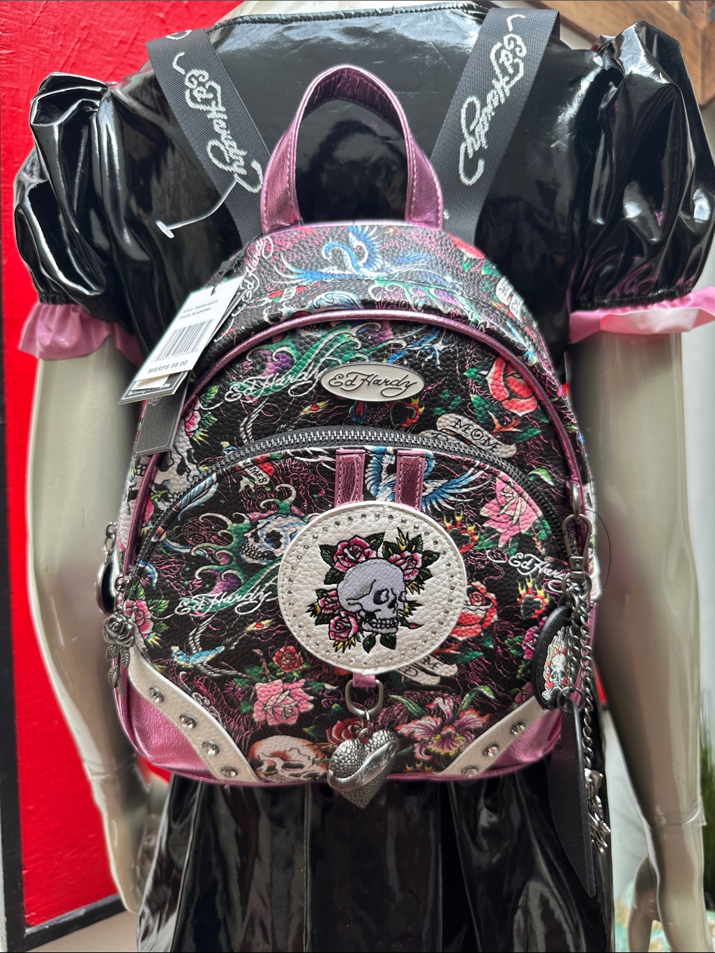 Ed Hardy Black Floral Skull Mini Backpack With Pink Accents $98 Retail